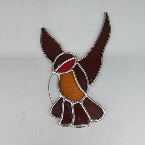 vintage stained glass hummingbird Sun Catcher 8" Brown Red Yellow - Picture 1 of 4